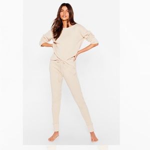 NASTY GAL Weekend Loading Knit Sweater and Joggers in STONE large SET